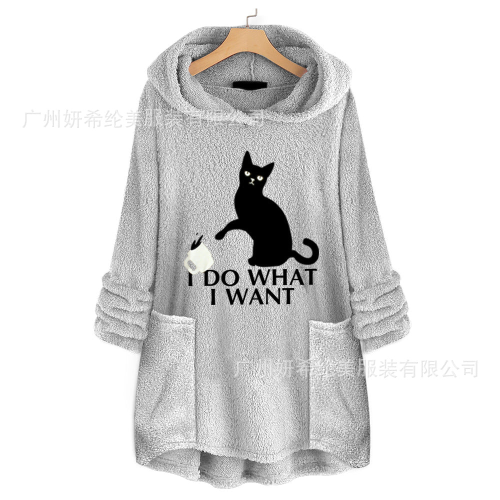 Katzendruck Lange Kapuzenpullover Sweatshirt Stickerei Tasche Katzenohr Plus Größe