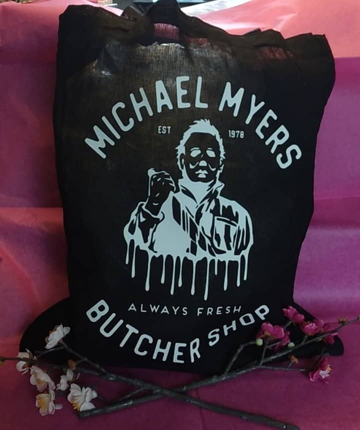 Motiv Michael Myers Butchers Shop Stofftasche Jutebeutel Baumwolle wiederverwendbar Geschenk Horrormovie