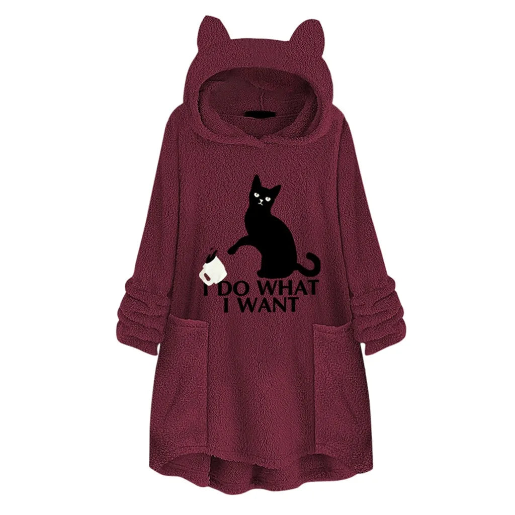 Katzendruck Lange Kapuzenpullover Sweatshirt Stickerei Tasche Katzenohr Plus Größe